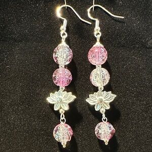Elegant Pink and Silver Lotus Flower Wire wrapped Dangle Earrings